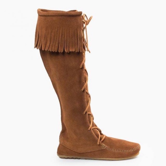 LIKE🆕MINNETONKA CHESTNUT BROWN SUEDE LACEUP FRINGE MOCCASIN KNEE BOOTS - Picture 9 of 16